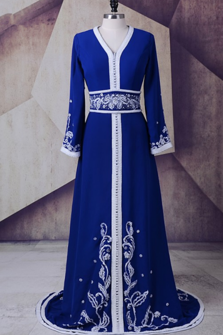 The kingdom of Morocco blue V - cou Caftan dress party A - pearl ligne silk weaving dubai and muslims open-air party dress