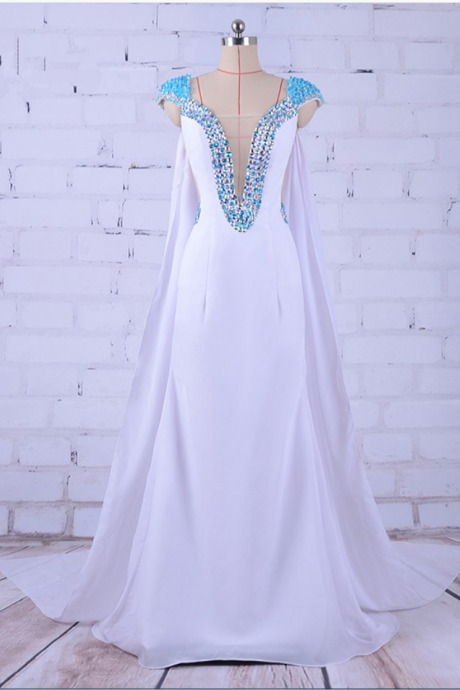 White Beautiful Deep Collar Mermaid Chiffon Dress Party Dress