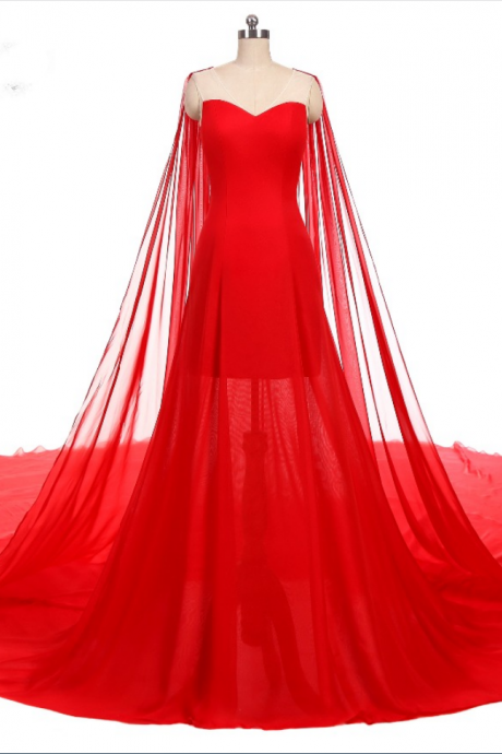 Design Evening Dress Lace, V-neck Chiffon Part In The Actual Dress Red Mermaid Wedding Dresses Open-air Party Dress