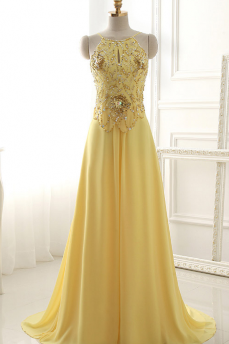 New arrival, yellow dress, outdoor dress sexy silk pearl of foil sleeveless women formal party dress