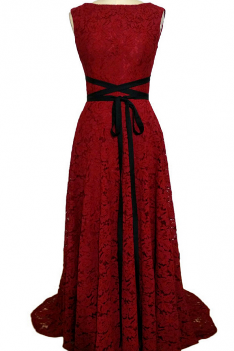 A - Ligne Round Collar Lace Lace Robe With Burgundy Belts Bal Woman Evening Dress Dubai Party Dress