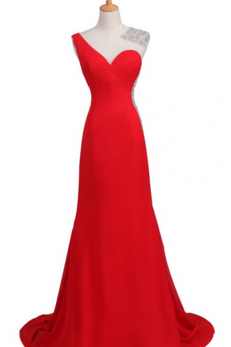 Satin Red Long Beaded One Shoulder Prom Party Dresses