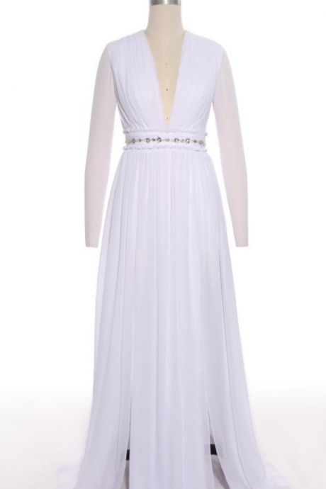 Simple White Chiffon Deep V-neck Long Wedding Dresses