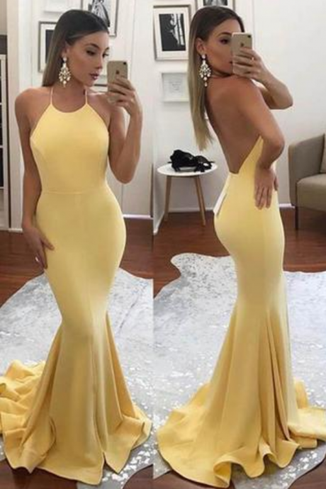 Fashion Halter Yellow Mermaid Sexy Backless Long Prom Dresses,formal Evening Dresse