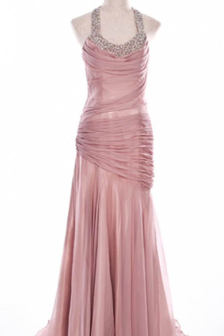 Elegant Mermaid Hater Ruched Beading Chiffon Pink Evening/prom Dress