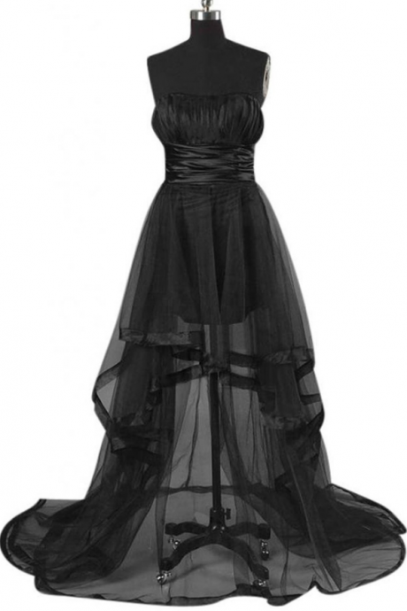 Sexy Strapless A-line Hi-lo Tulle Black Prom Dress With Sash