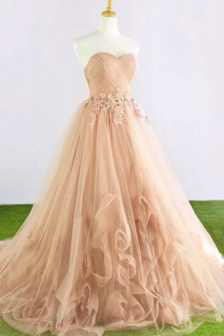 Champagne Sweetheart Neck Tulle Long Prom Dress