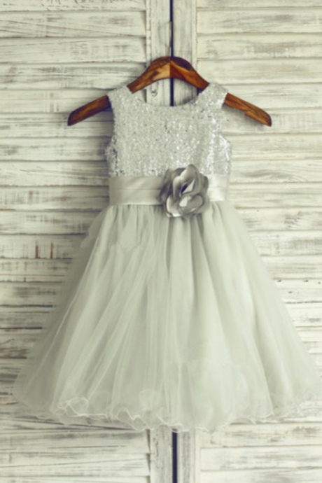 A-line Glitter Silver Sequin Dress For Little Girls Applique Sash Tulle Skirt Long Children Prom Sequin Dress For Kids