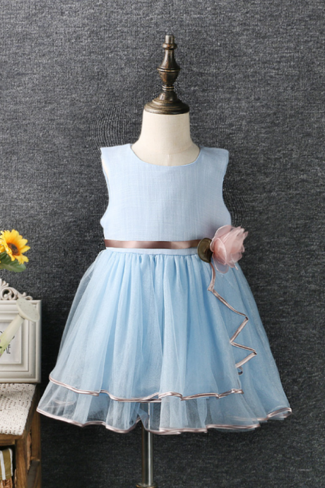 In Stock Blue Cotton Tulle Organza Flower Girl Dresses,cute Children Clothes,girls Clothing