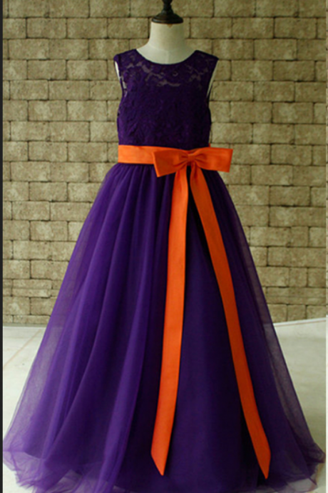 Purple Lace Flower Girl Dress Floor Length With Orange Sash And Bow Birthday Dress Made For Girls, Toddlers