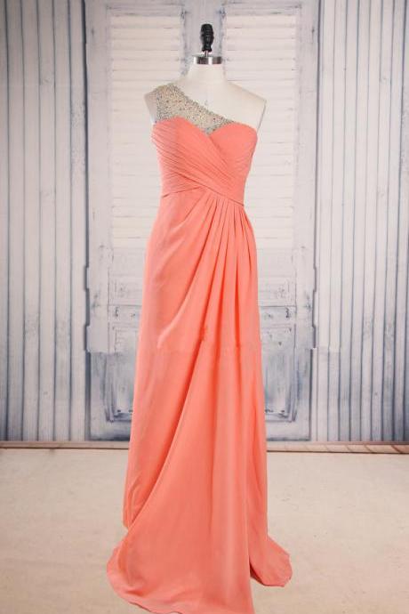 One-Shoulder Coral Chiffon A-line Floor-Length Prom Dress, Evening Dress with Beading Embellishment