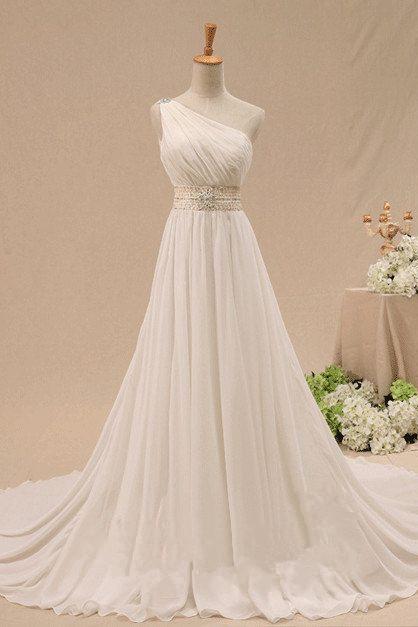 Charming One Soulder White/Ivory Chiffon Long Prom Gowns, One Shoulder Wedding Dresses, Formal Gowns