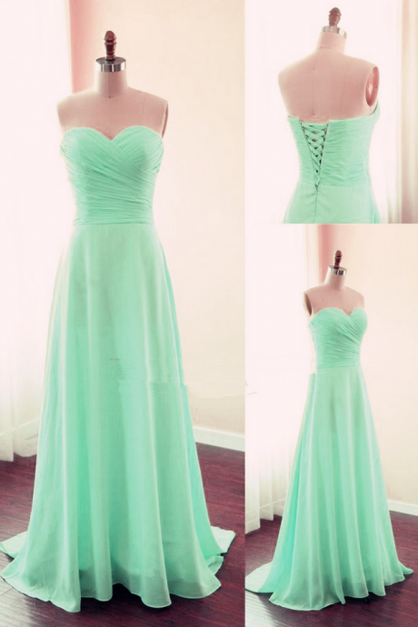 Simple Sweetheart Long Chiffon Mint Green Lace-up Prom Dresses, Mint Bridesmaid Dresses, Evening Gowns