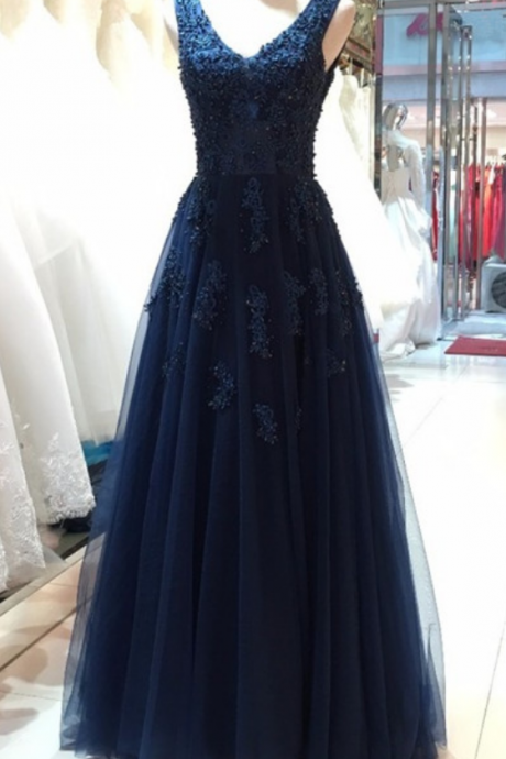 Elegant Navy Blue Tulle Backless Floor Length Prom Dresses, Party Gowns, Evening Dresses, Navy Blue Formal Dresses
