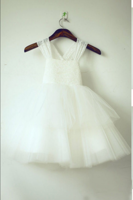  Princess Ivory Lace Long Flower Girl Dress with Bow