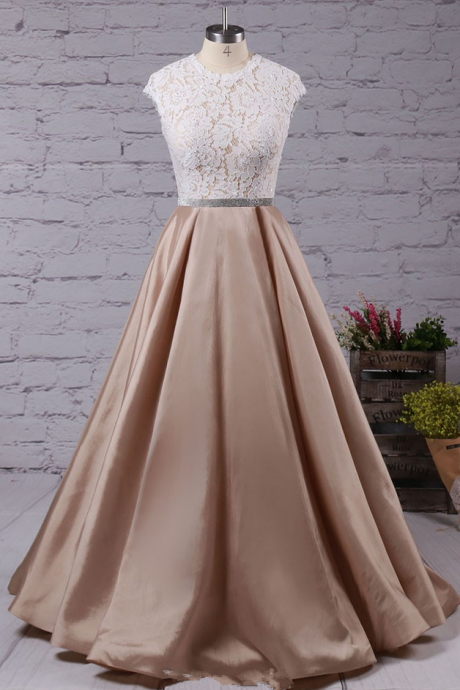 Ball Gown Scoop Neck Lace Taffeta Floor-length with Sashes / Ribbons Prom Dresses