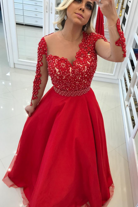 Red Sweetheart Sheath Slit Prom Dress,Sheer Evening Gown With Prom ...