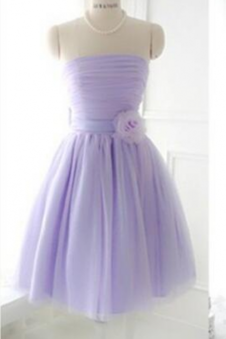 Custom Made Short Strapless Bridesmaid Dress,Tulle Cute Bridesmaid Dress With Handmade Flowers