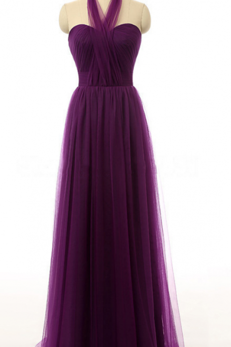 Dark Purple Halter Tulle A-line Floor-Length Bridesmaid Dress Featuring Lace-Up Back