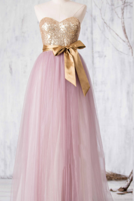  Sequined Bridesmaid Dress, Sweetheart Tulle Bridesmaid Gowns, Two-toned Princess Bridesmaid Dress with a self-tied Sash,