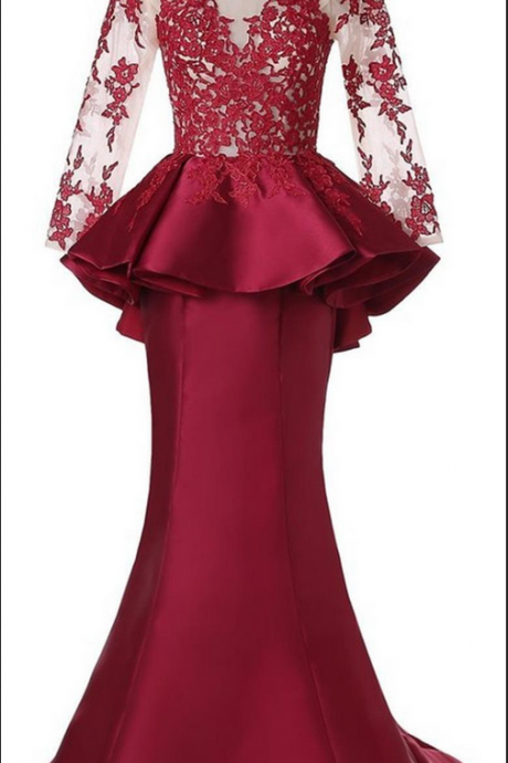 Red Long Sleeve Scoop Vestido De Festa Mermaid Evening Dresses Satin Appliques Ruffles Celebrity Party Dresses Vestido Longo