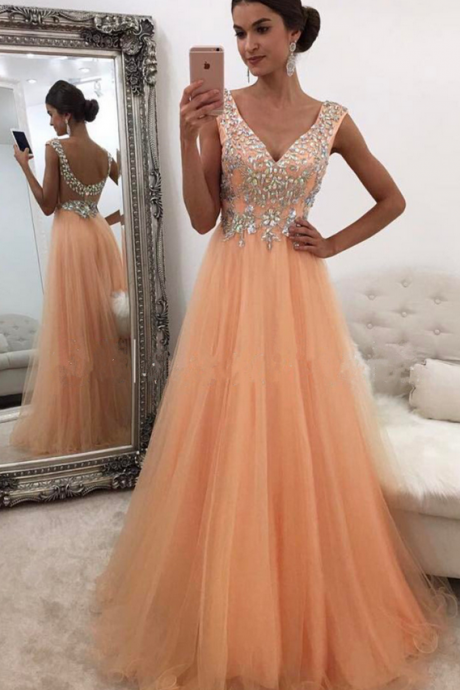 Elegant V Neck Tulle Prom Dress, A Line Prom Dresses, Long Evening Dress