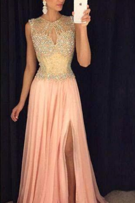 Charming Prom Dress, Sexy Prom Dresses, Sleeveless Evening Party Dress,long Prom Dress With Slit, Chiffon Prom Gown, Formal Dress