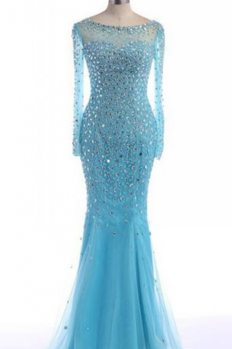 Charming Prom Dress, Gergeous Crystal Mermaid Prom Dresses, Elegant Long Sleeve Evening Dress, Tulle Prom Dress, Formal Evening Dress