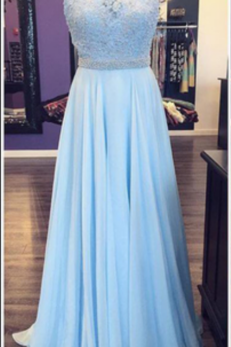 Charming Prom Dress,long Prom Dress,blue Chiffon Homecoming Dress,lace Evening Dress,elegant Graduation Dress
