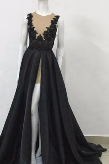 Exquisite Sheer Black Evening Dresses Formal Occasion Party Gowns A Line High Split Long Train Prom Holiday Red Carpet Gowns,