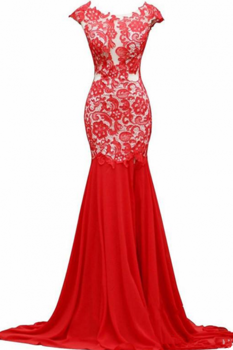 Round Neck Cap-sleeved Lace Mermaid Chiffon Long Prom Dress, Evening Dress Featuring V Back