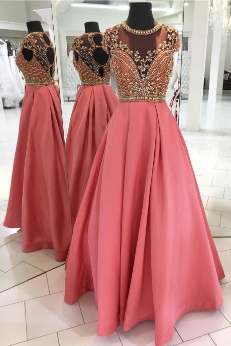 Charming A-line Jewel Cap Sleeves Long Prom Dress With Beading Keyhole ,