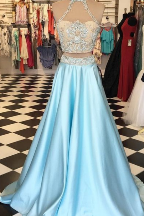 Prom Dresses,sexy Prom Dress, Prom Dresses,two Piece Prom Dresses,blue Prom Dresses,halter Prom Dresses,blue Prom Dreses,
