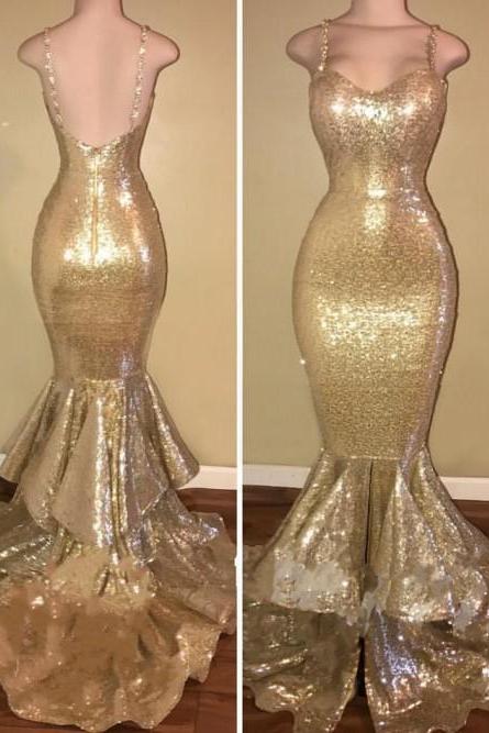 Mermaid Layers-train Spaghetti-straps Sequins Gold Shiny Prom Dresses ,