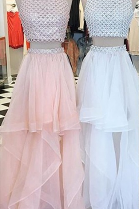 Prom Dresses Two Piece Bateau Asymmetrical Pink/white Prom Dress With Beading ,