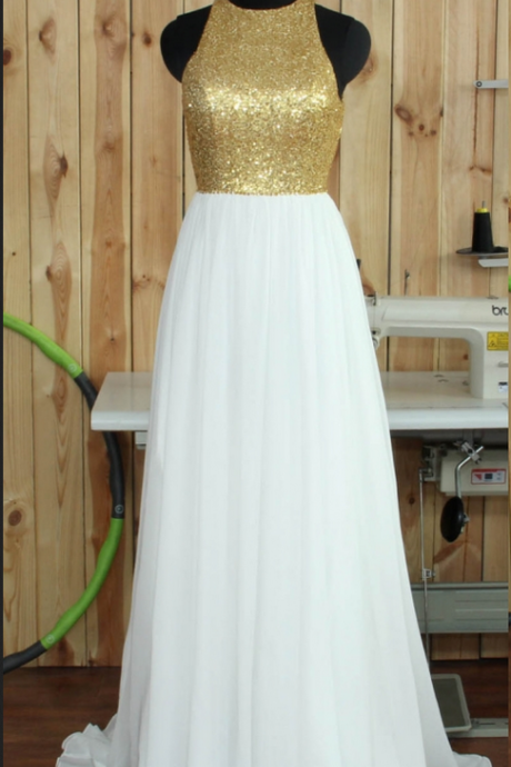 Real Image Long Chiffon Gold Sequins Bridesmaid Dresses O Neck Backless Sexy Wedding Party Dresses White Formal Gowns ,