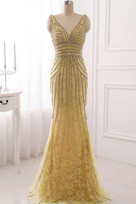 V-neck Beaded Lace Mermaid Long Prom Dress, Evening Dress