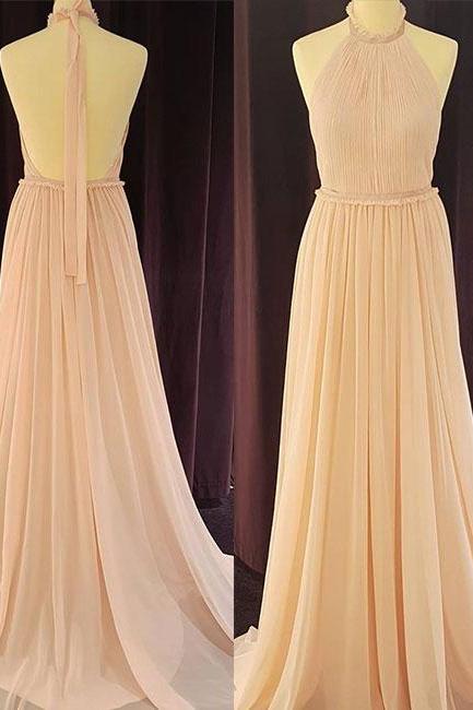 Chiffon High Halter Neck Floor Length Pleated A-line Formal Dress Featuring Open Back, Prom Dress,