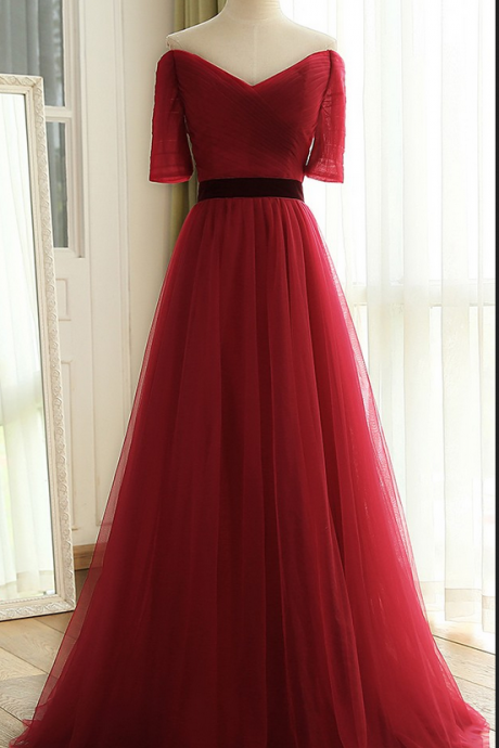 Wine Red Long Floor Length Off The Shoulder Ruched Tulle Bridesmaid Dresses With Half Sleeves Wedding Party Dress,off The Shoulder A Line Red