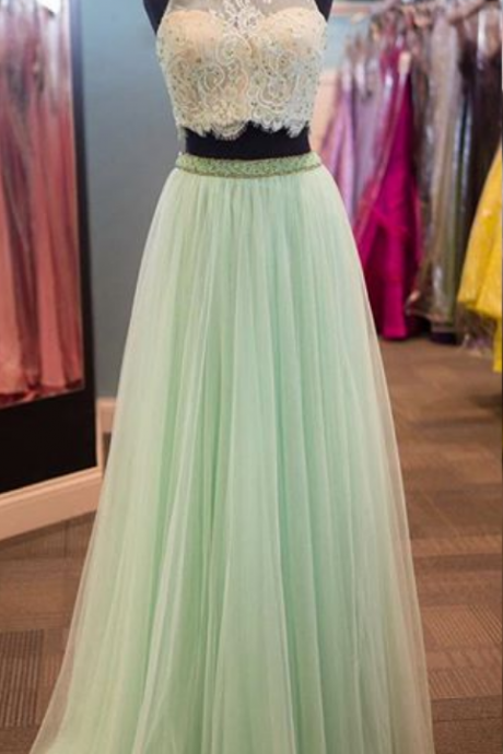 Two Piece Prom Dress, Long Prom Dresses,lace Evening Gowns,formal Party Dress,high Neck Two Piece Mint Tulle Evening Dress,two Piece Mint Green