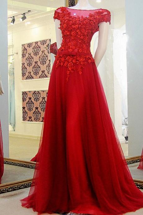 Red Sexy Tulle Party Dress,cap Sleeves Prom Gowns ,off The Shoulder Prom Dresses,appliques A-line Prom Dress,custom Made Evening Dress,prom