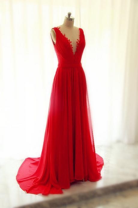 Beautiful Prom Dress, Red Prom Gown,chiffon Prom Dresses,v-neck Evening Gowns,see Through Tulle Prom Dress, Sleeveless Party Dresses, Long Prom