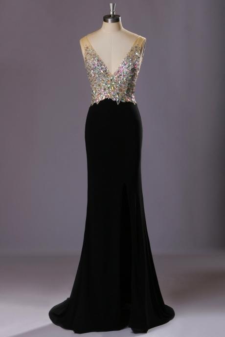 A-line Prom Dress, Beading Prom Dress,sexy Black Sleeveless Prom Dress, Sexy Open Back Prom Gowns, Sweep Trailing Prom Evening Dress, Prom