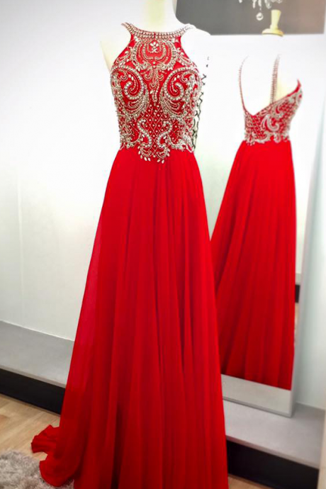Beaded Bodice Red Chiffon Prom Dress,senior Prom Dress,shinny Formal Gown,