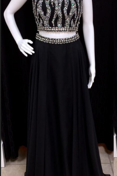 Halter High Neck 2 Pieces Sparkly Prom Dresses,cute Black Chiffon Prom Gowns,open Back Formal Dresses With Cap Sleeves,