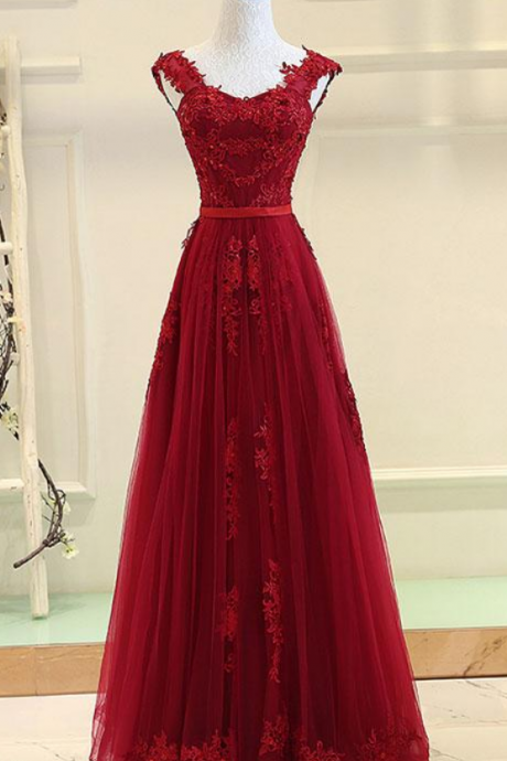 Red Tulle Pretty Prom Dress , V-neckline Formal Gown With Lace-up, Style Prom Dress,