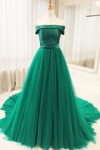 Green Tulle Long Prom Dress,long Evening Dresses,prom Dress,sweep Train A Line Prom Dresses,