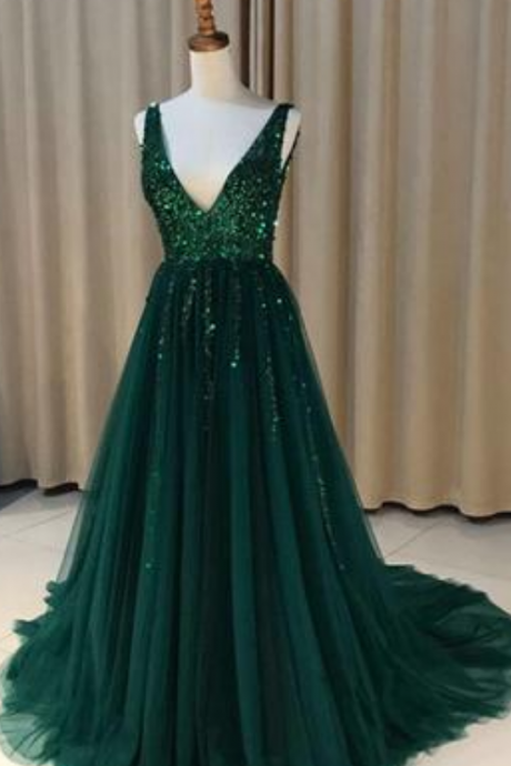Dark Green Tulle Prom Dress, Backless V Neck Long Evening Dress, Prom Gowns ,