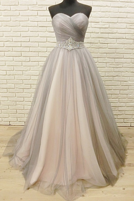  Sweetheart Formal Party Dress,Silver Tulle Prom Gown,Strapless Evening Dress, 