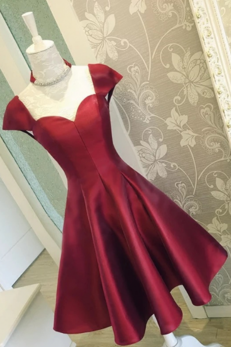 Burgundy Satin Short Prom Dresses With Cap Sleeves ,